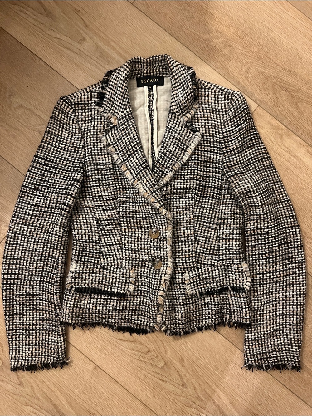 Escada Black and White Tweed Frayed-Trim Blazer Jacket